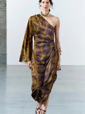 Zara NWT One Sleeve Asymmetrical Gold/Purple Tie-Dye Midi Dress Sz S-Gorgeous!